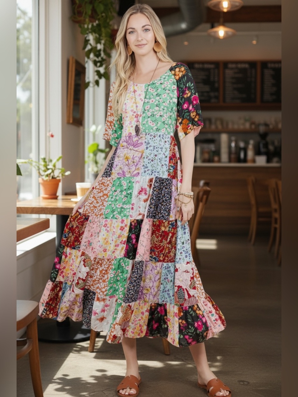 YOUNG THREADS Boho Multicolor Floral Patchwork Flowing Tiered Maxi Dress, M